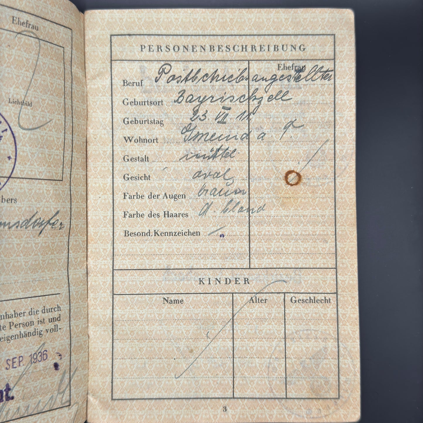 WW2 original artifact – Reisepass 1936 – interior page