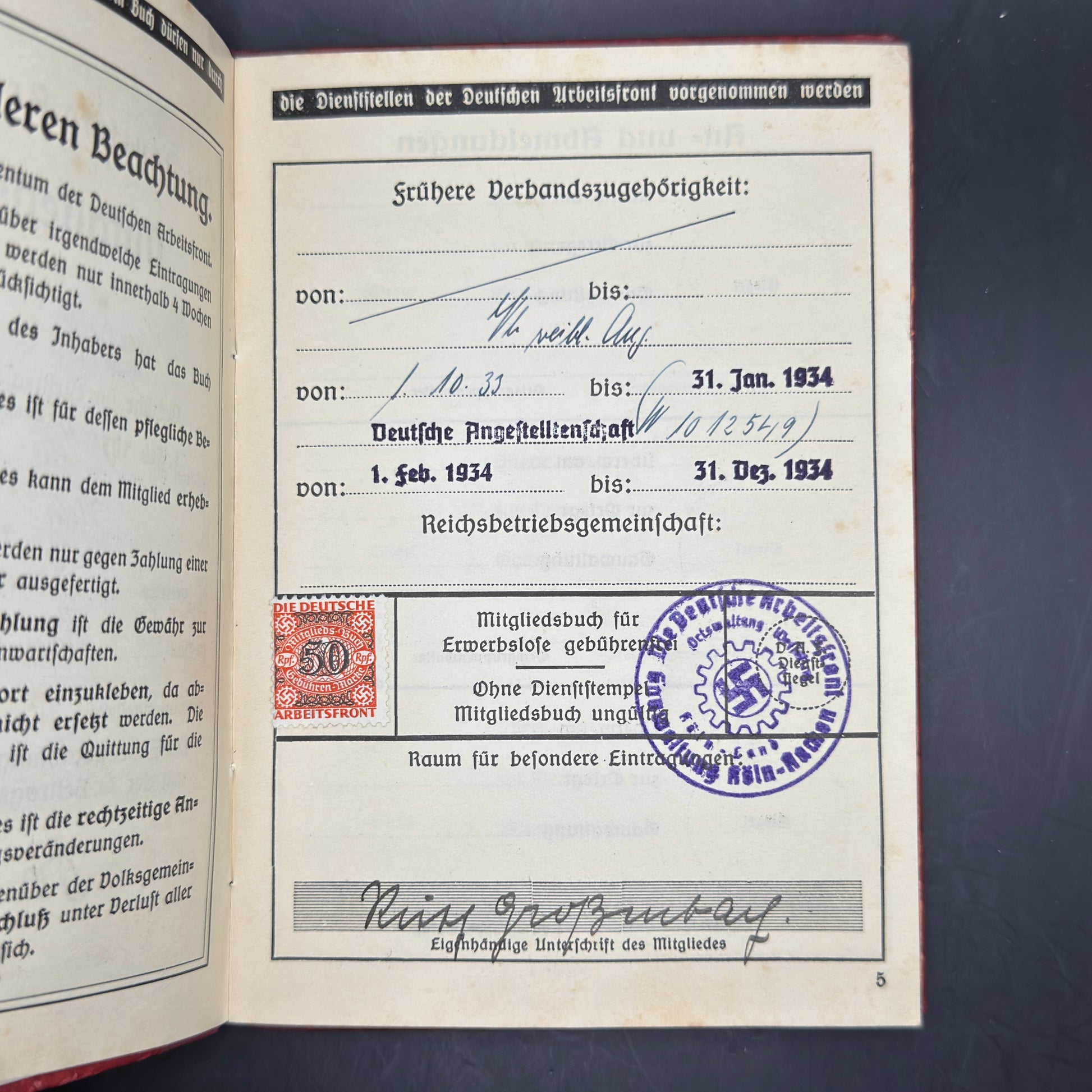 WW2 original artifact – Complete set Ahnenpass, Arbeitsbuch, Gesundheitspass, Arbeitsfront from 1 person – interior page