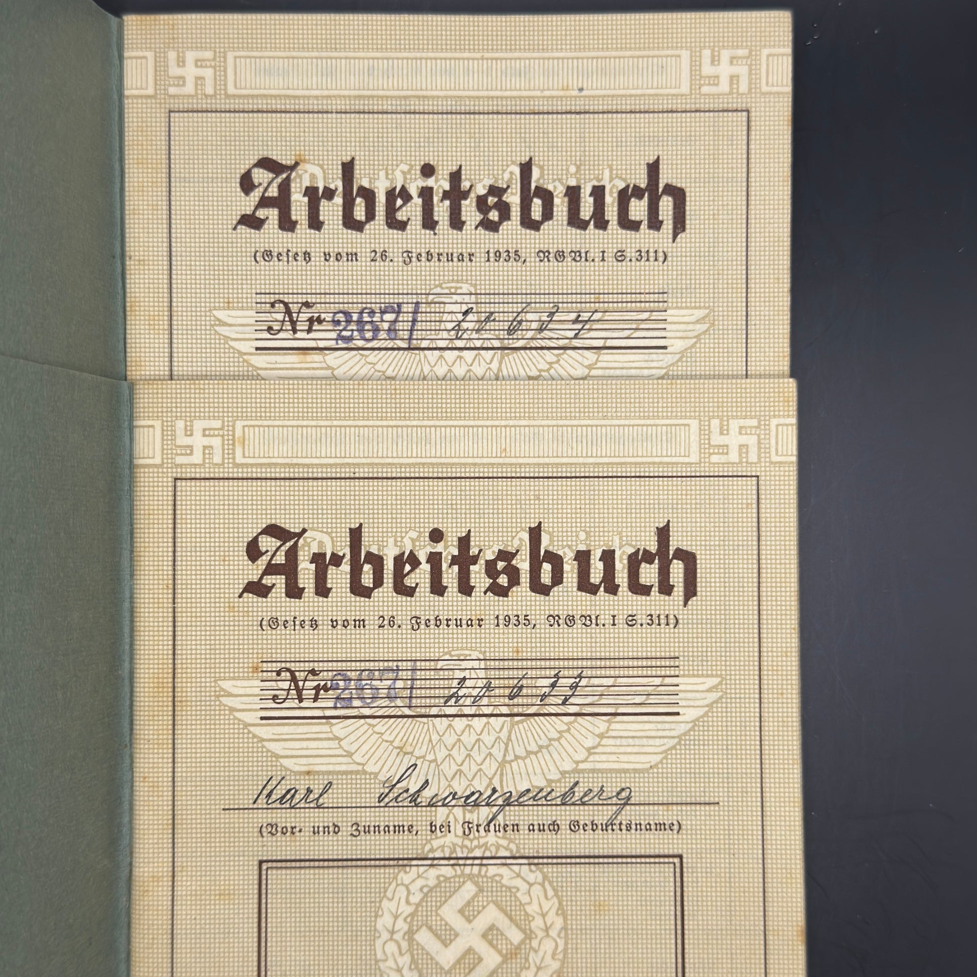 WW2 original artifact – Two times Arbeitsbuch from married couple – interior title page