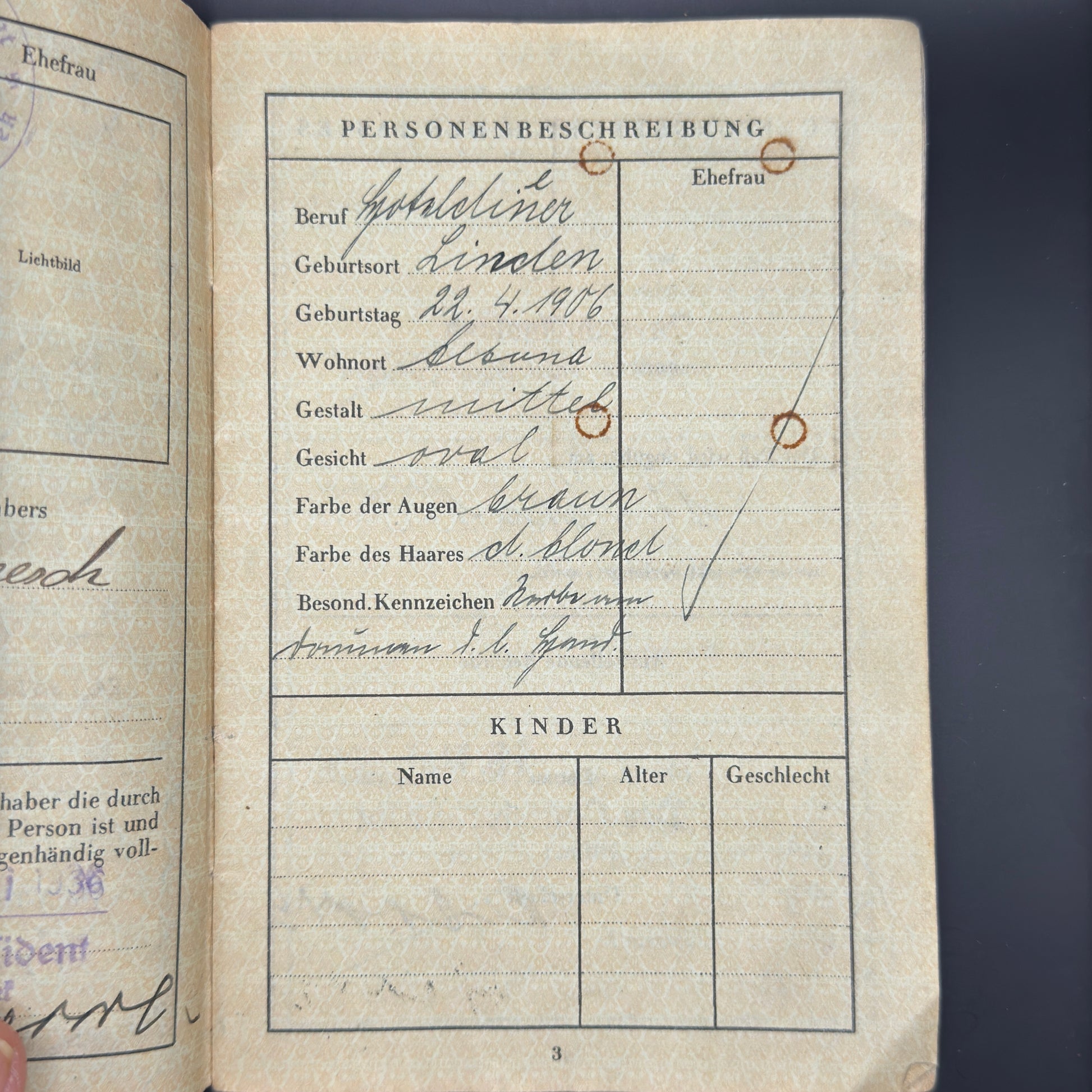 WW2 original artifact – Reisepass 1936 – interior page