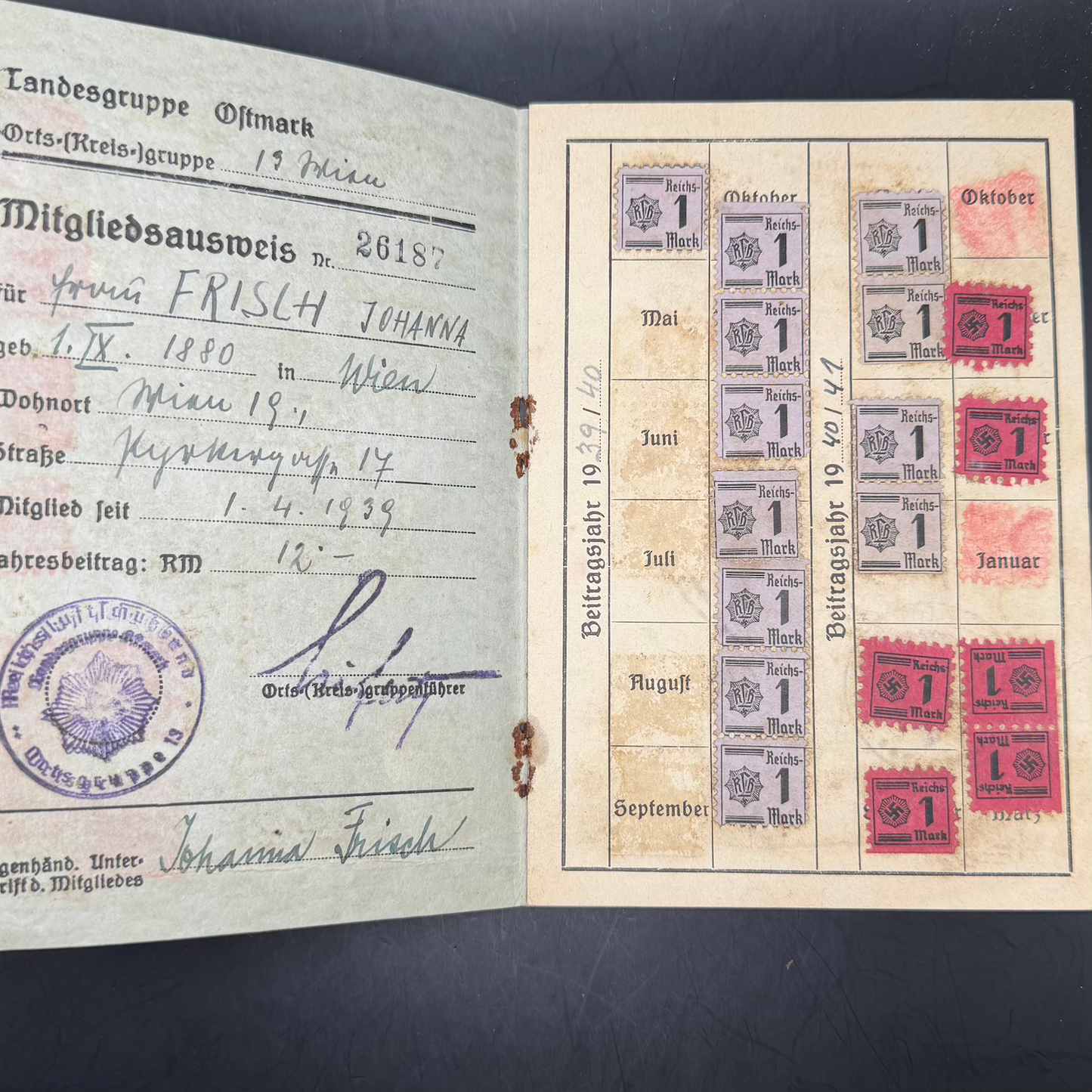 WW2 original artifact – Reichsluftschutzbund (RLB) Membership Booklet (Austria 1939–1944) – interior detail