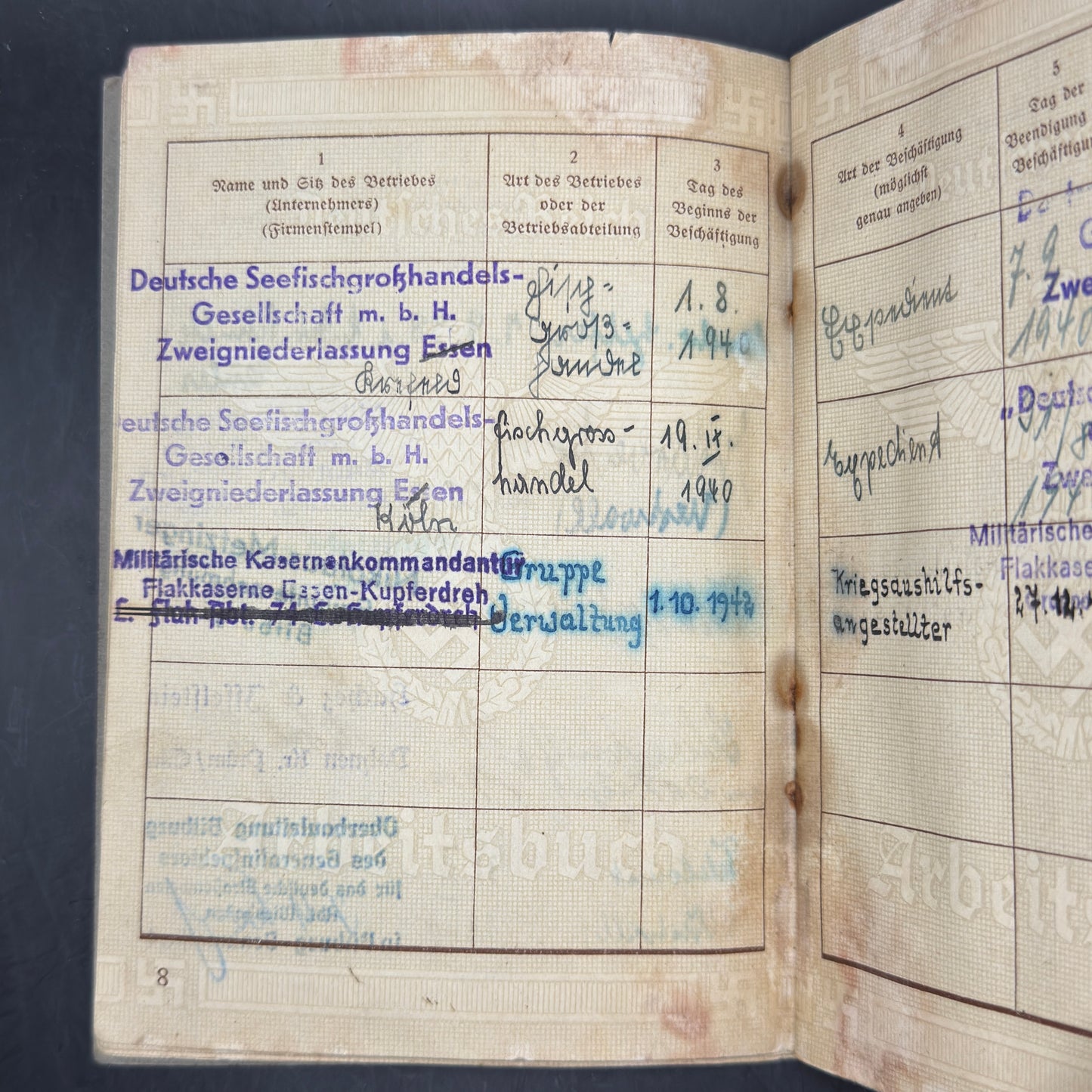 WW2 original artifact – Arbeitsbuch Flakkaserne Essen-Kupferdreh – interior page