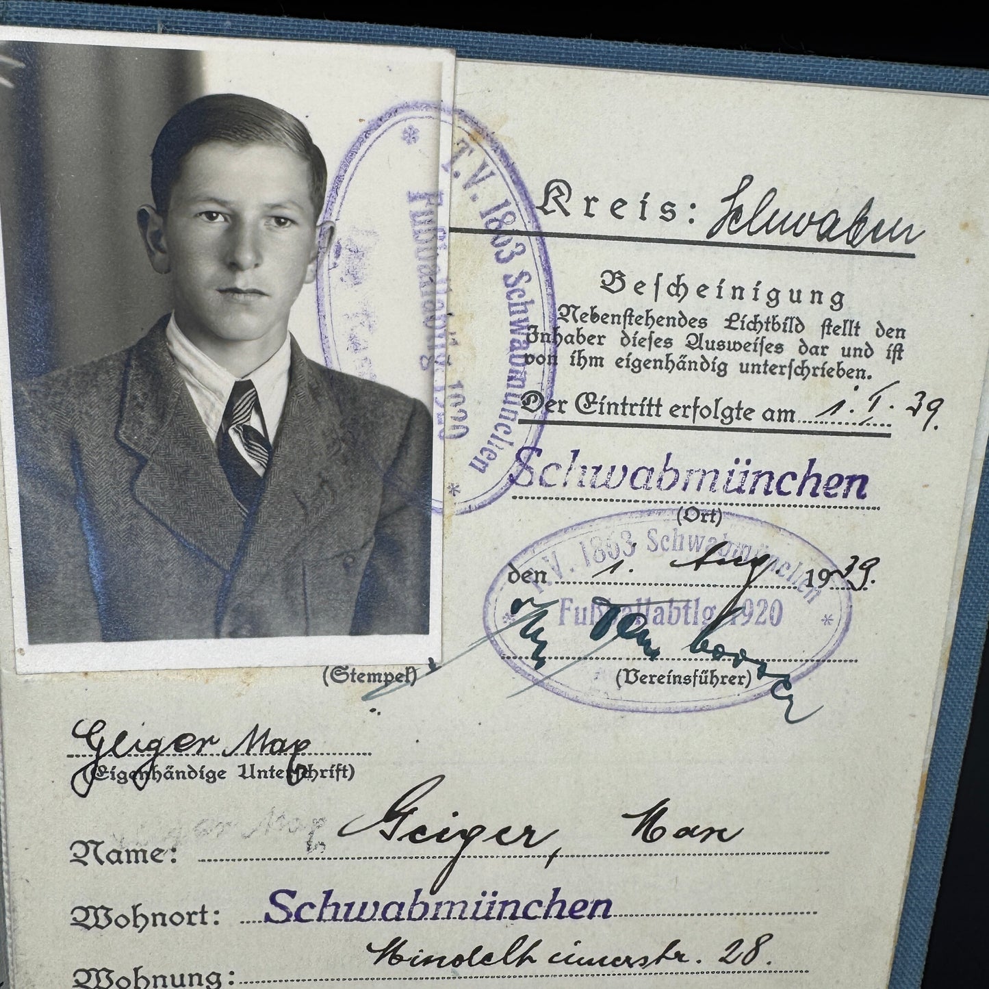 WW2 original artifact – RARE! Kennkarte and Sportpass from 1 person (fallen 1942) – interior page