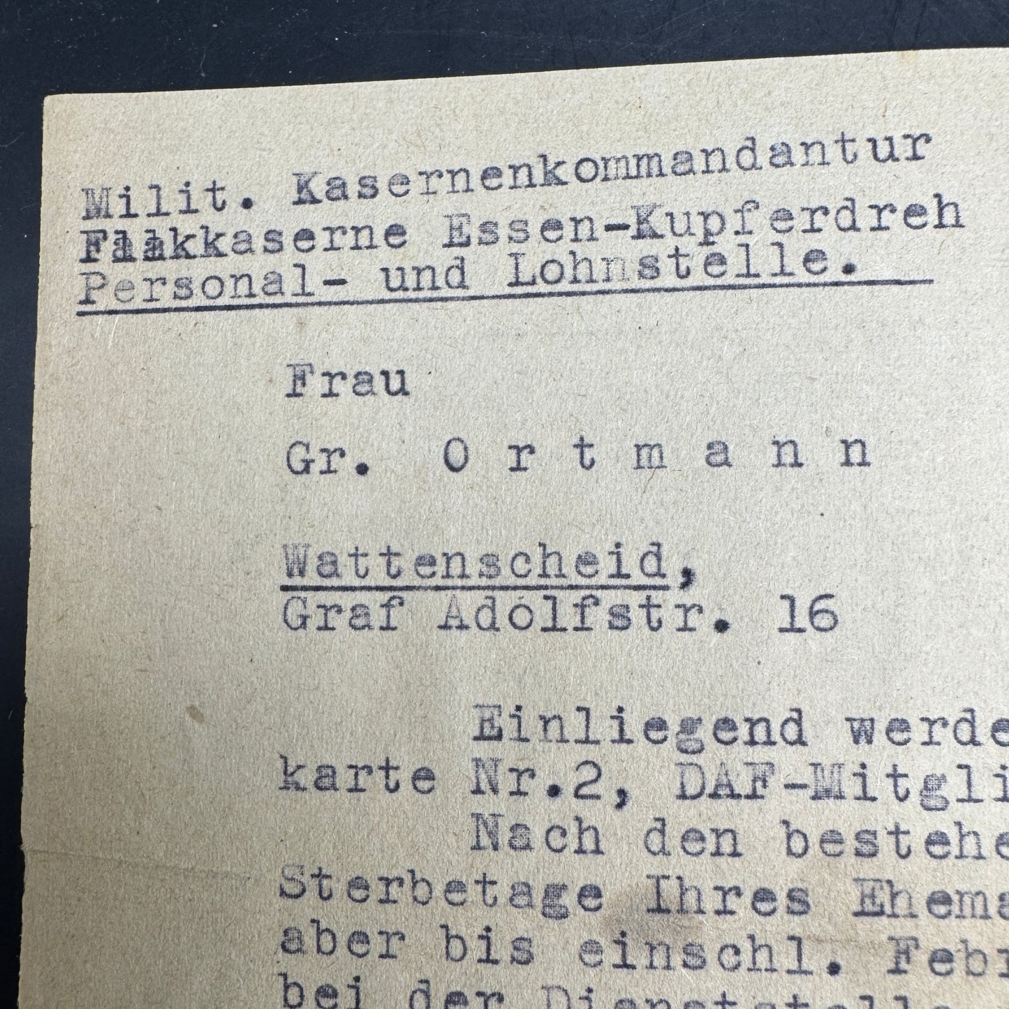 WW2 original artifact – Arbeitsbuch Flakkaserne Essen-Kupferdreh – interior page