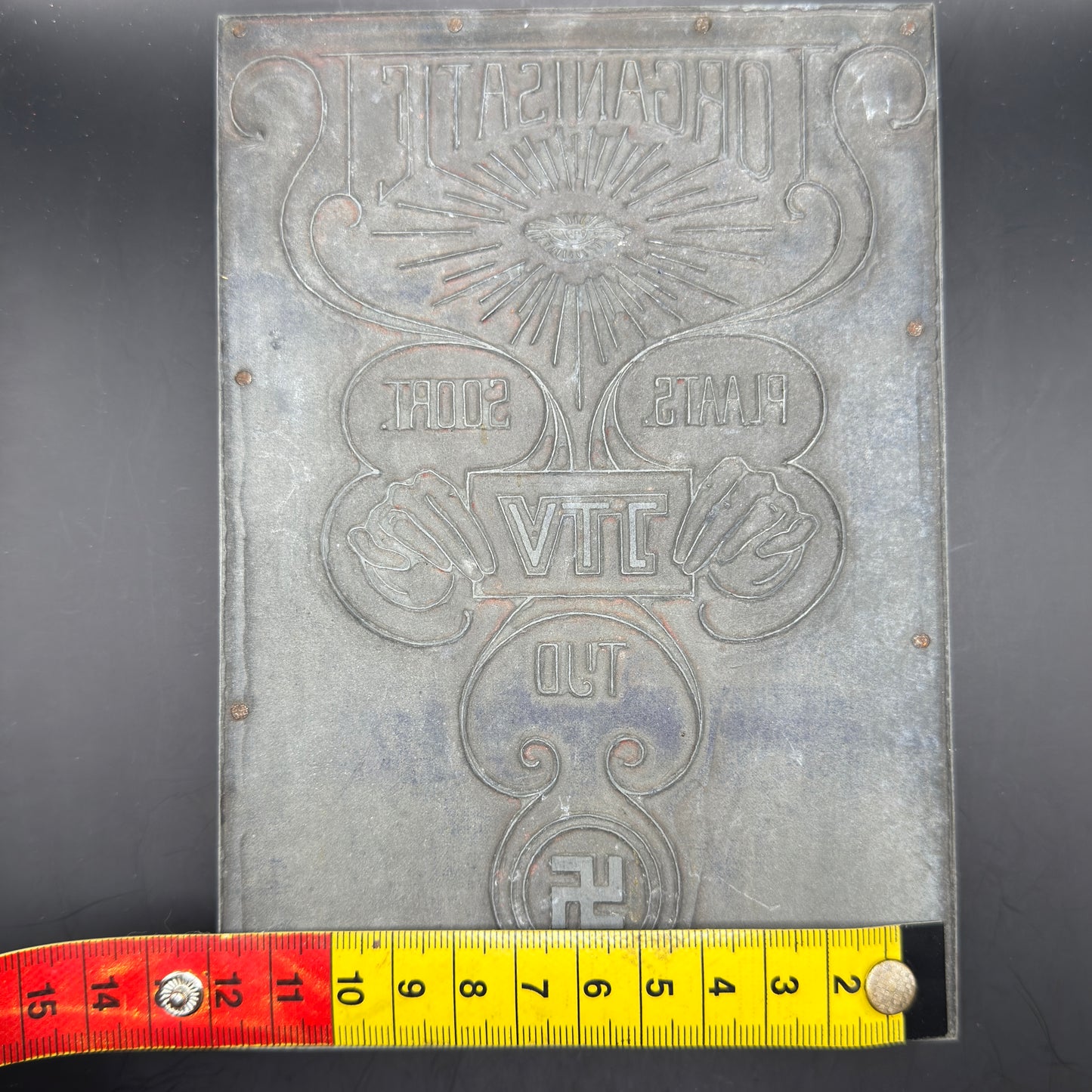 WWII era propaganda printing plate showing width measurement, professional letterpress cliché mounted on wooden block