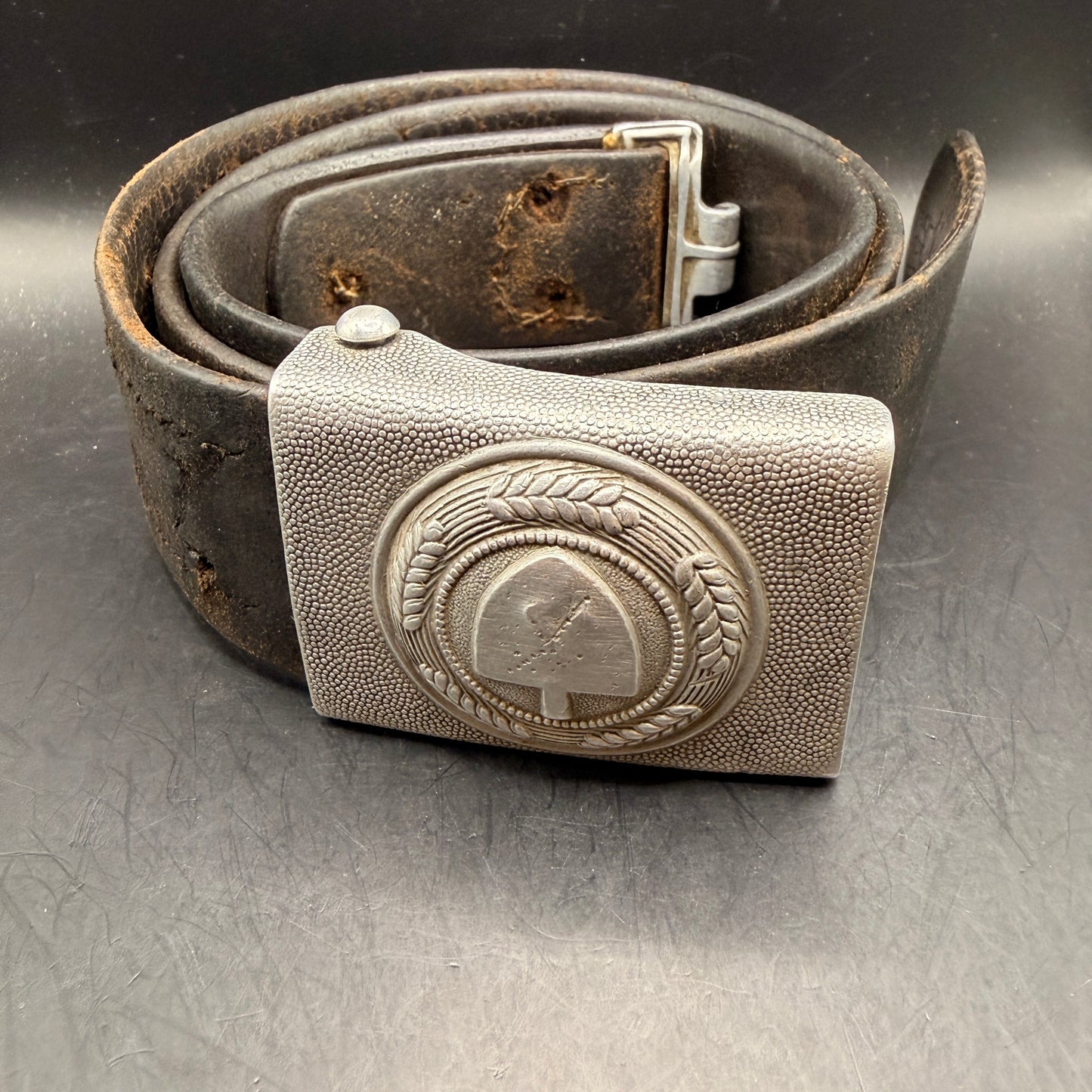 WW2 original artifact – Denazified RAD Belt Buckle (Herman Aurich 1937) with Original 95 cm Leather Belt – AxisArtifacts
