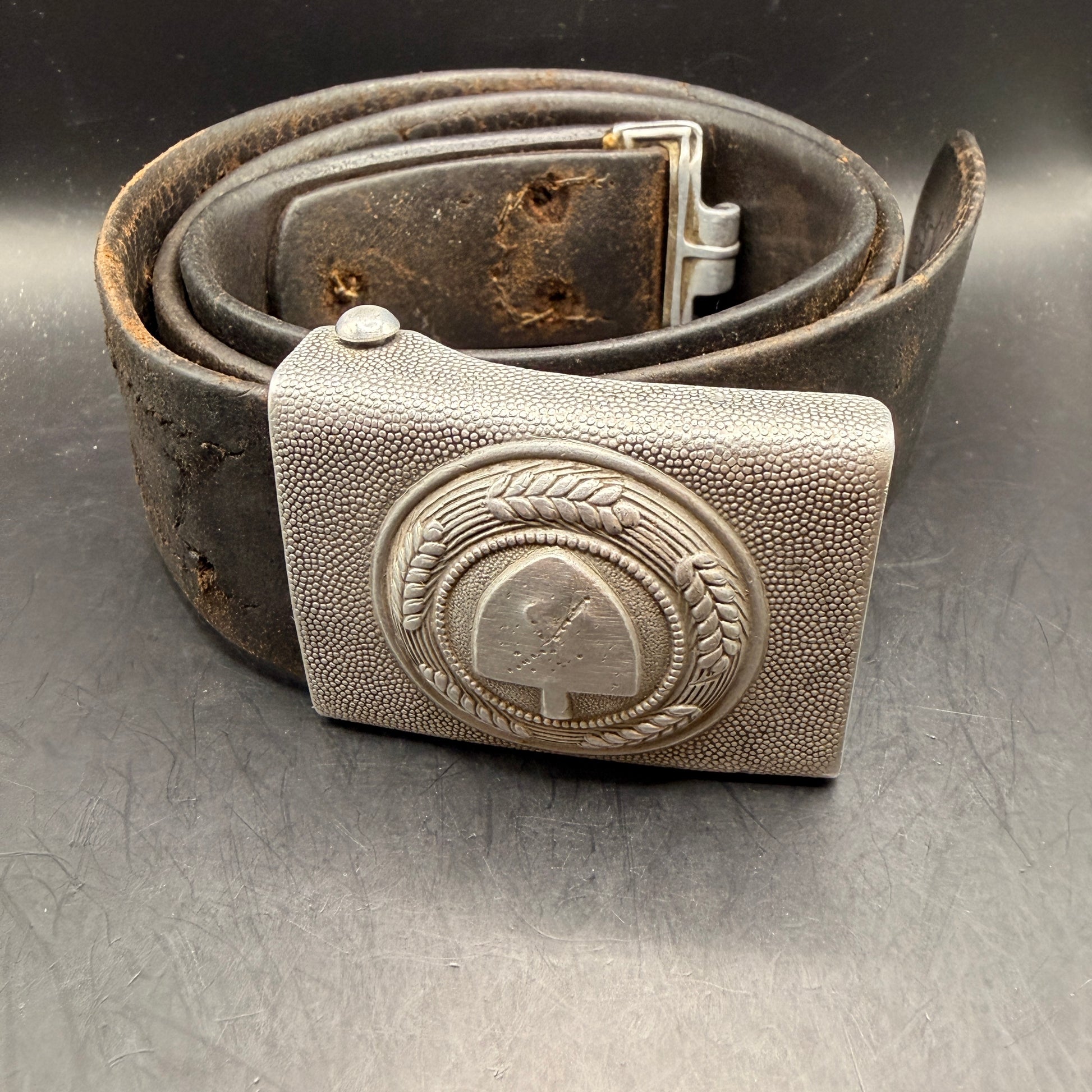 WW2 original artifact – Denazified RAD Belt Buckle (Herman Aurich 1937) with Original 95 cm Leather Belt – AxisArtifacts