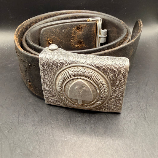 WW2 original artifact – Denazified RAD Belt Buckle (Herman Aurich 1937) with Original 95 cm Leather Belt – AxisArtifacts