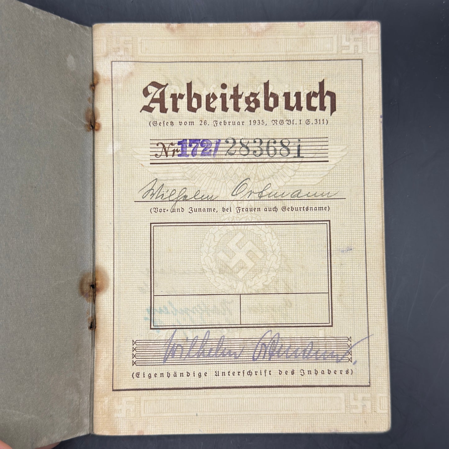 WW2 original artifact – Arbeitsbuch Flakkaserne Essen-Kupferdreh – interior detail