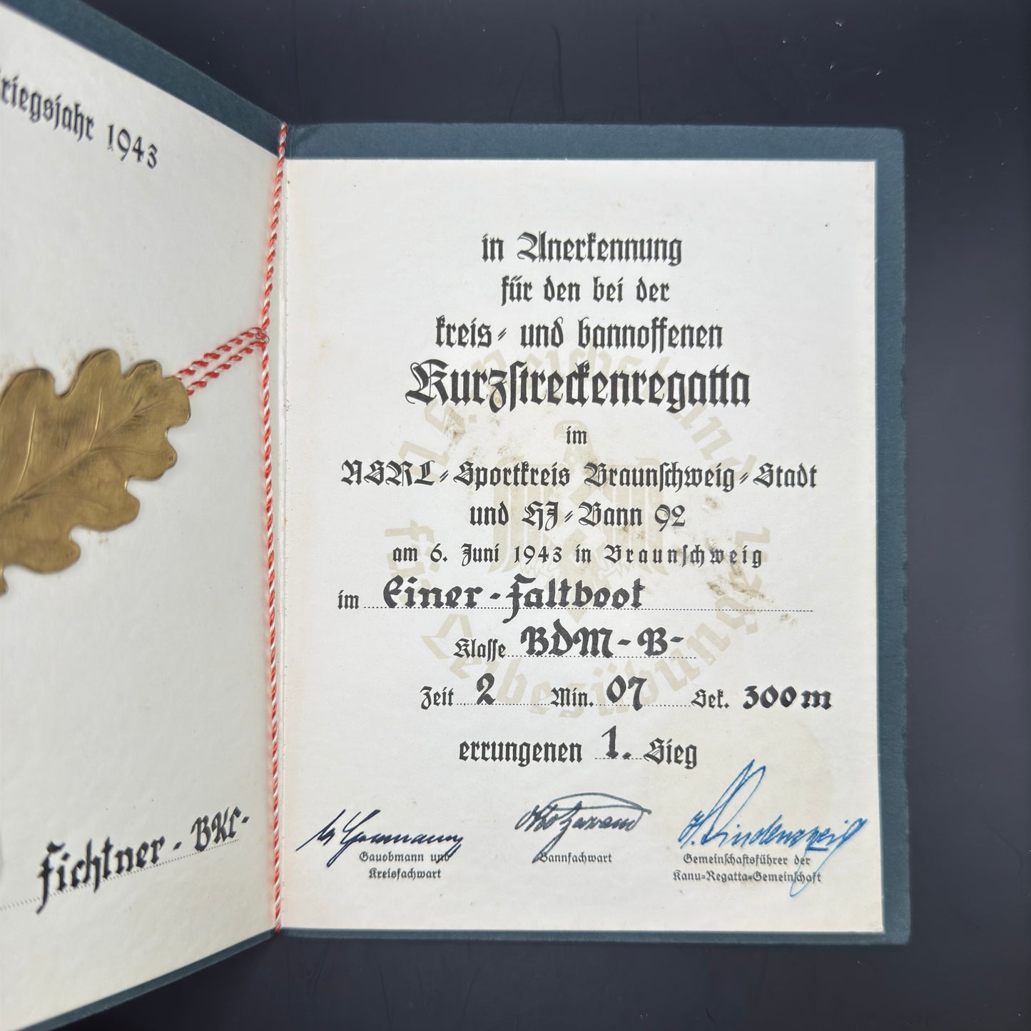 WW2 original artifact – German NSRL Sports Certificate – interior page