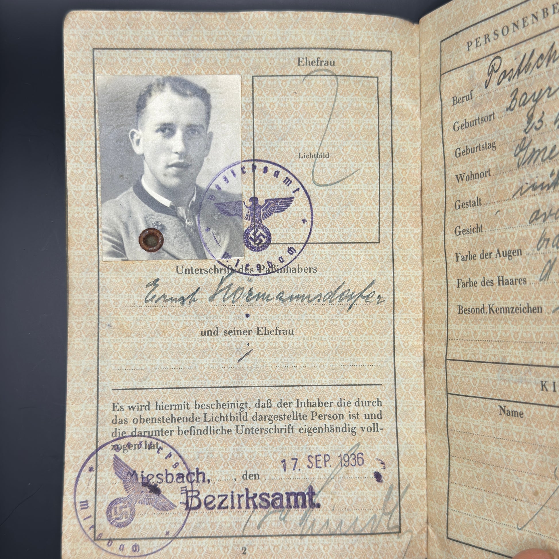 WW2 original artifact – Reisepass 1936 – interior title page