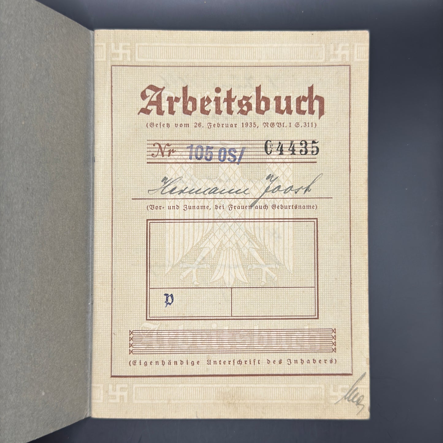 WW2 original artifact – Arbeitsbuch Farmer from Bremen – interior detail