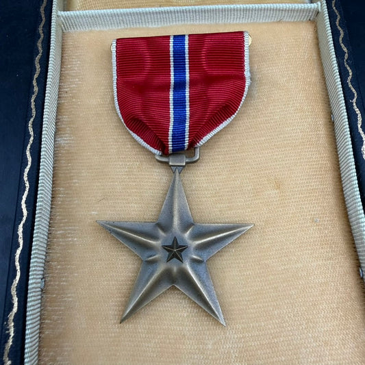 Close-up of Bronze Star Medal ribbon and suspension