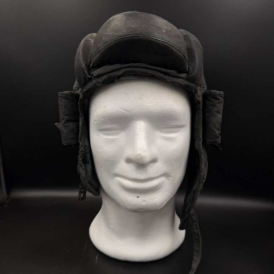 Original WWII Soviet TSh-3 tank crew helmet front view on display head front view