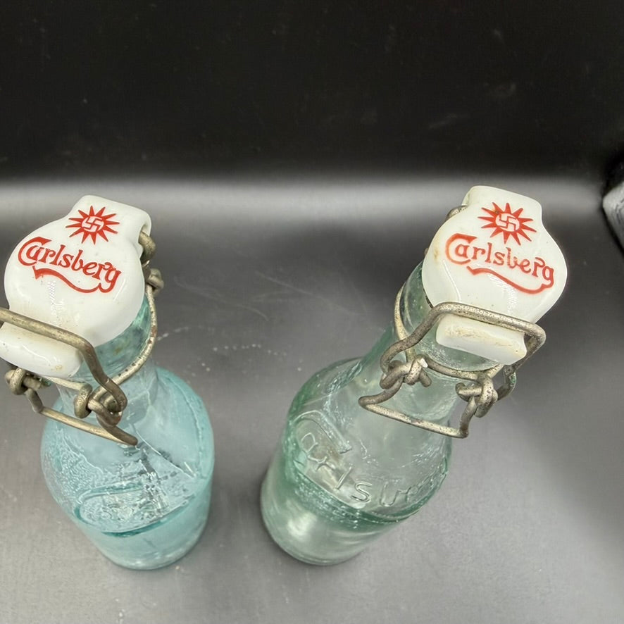 WW2 original artifact – Set of 2 Original Pre-WWII Carlsberg Bottles with Swastika Trademark – interior title page