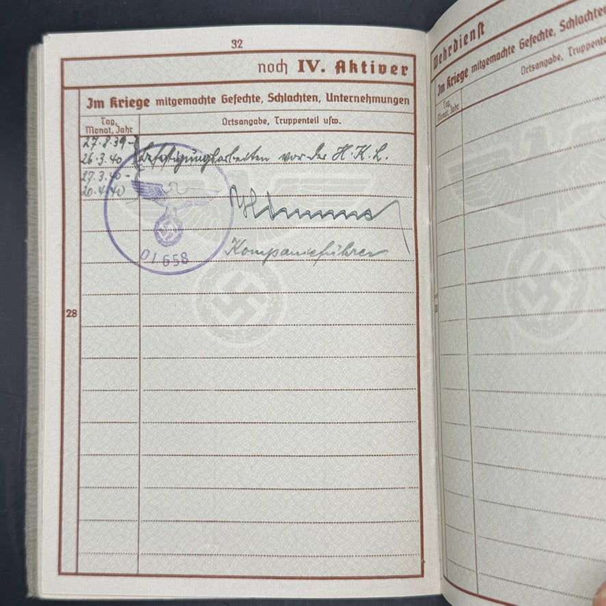 Wehrpass service entries Bau-Bataillon 159 Friedrich Heck WWII