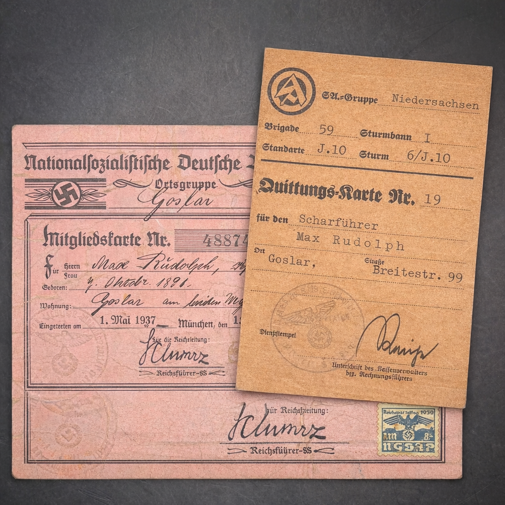 WWII German NSDAP membership card and SA Quittungs-Karte grouping issued to Scharführer Max Rudolph, Goslar