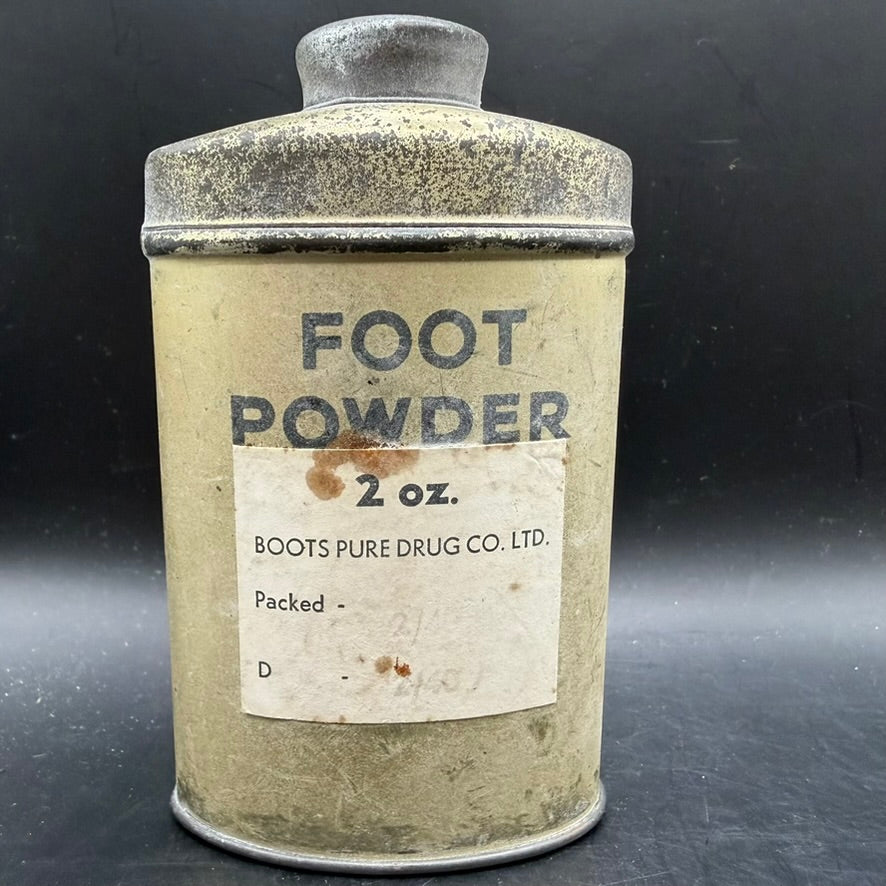 WWII British foot powder tin by Boots Pure Drug Co Ltd front view