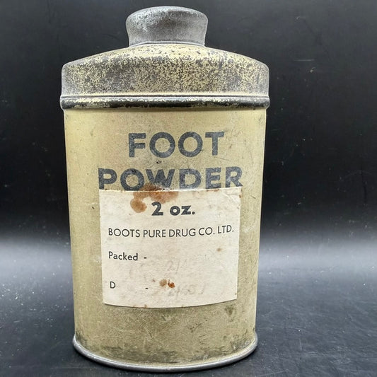 WWII British foot powder tin by Boots Pure Drug Co Ltd front view