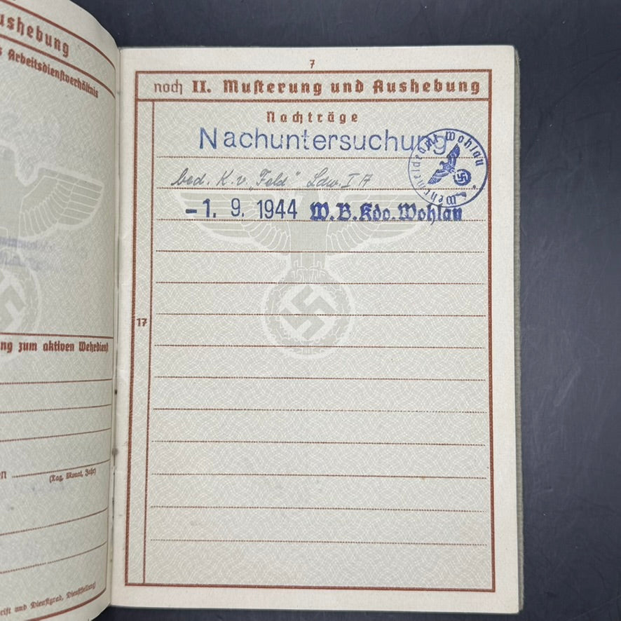 Wehrpass musterung page Friedrich Heck Landwehr classification July 1944