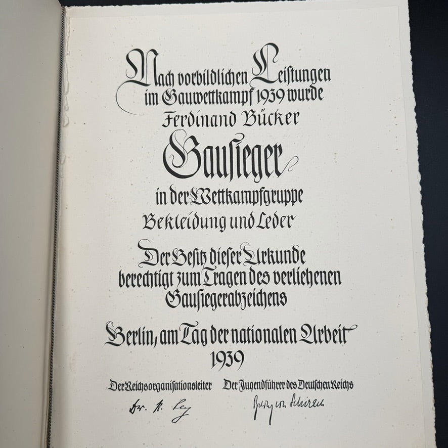 Official German Gausieger certificate issued in Berlin in 1939 to Ferdinand Bücker