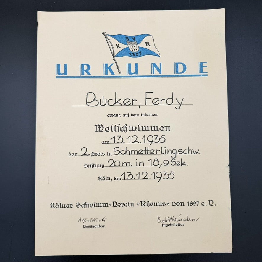 1935 swimming competition certificate from Kölner Schwimm-Verein Rhenus issued to Ferdinand Bücker