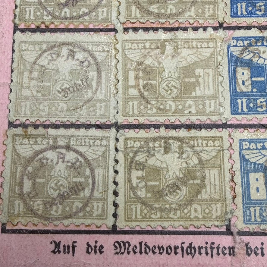 Stamped NSDAP party contribution stamps on WWII German political document