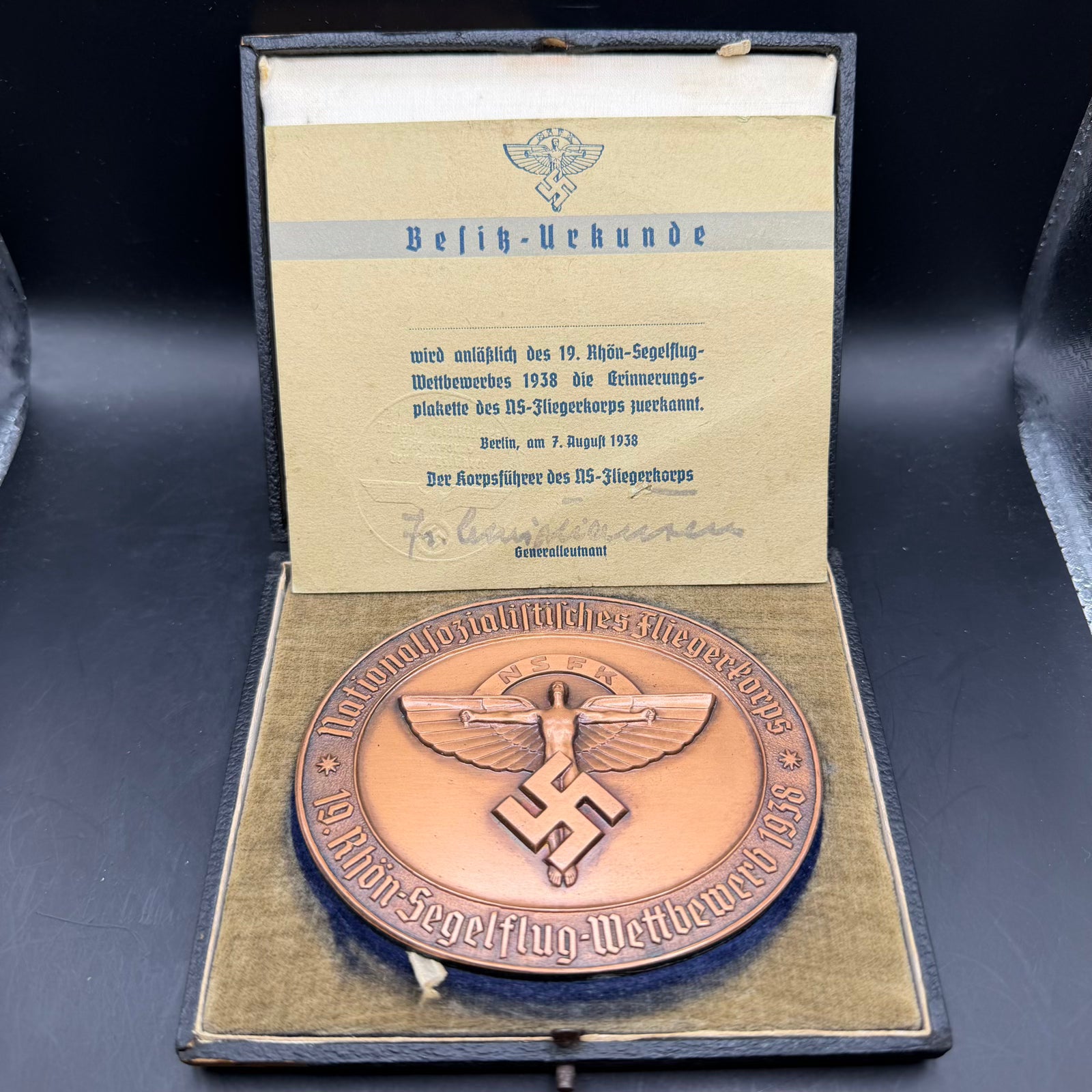 NSFK presentation medal with original certificate displayed in period case