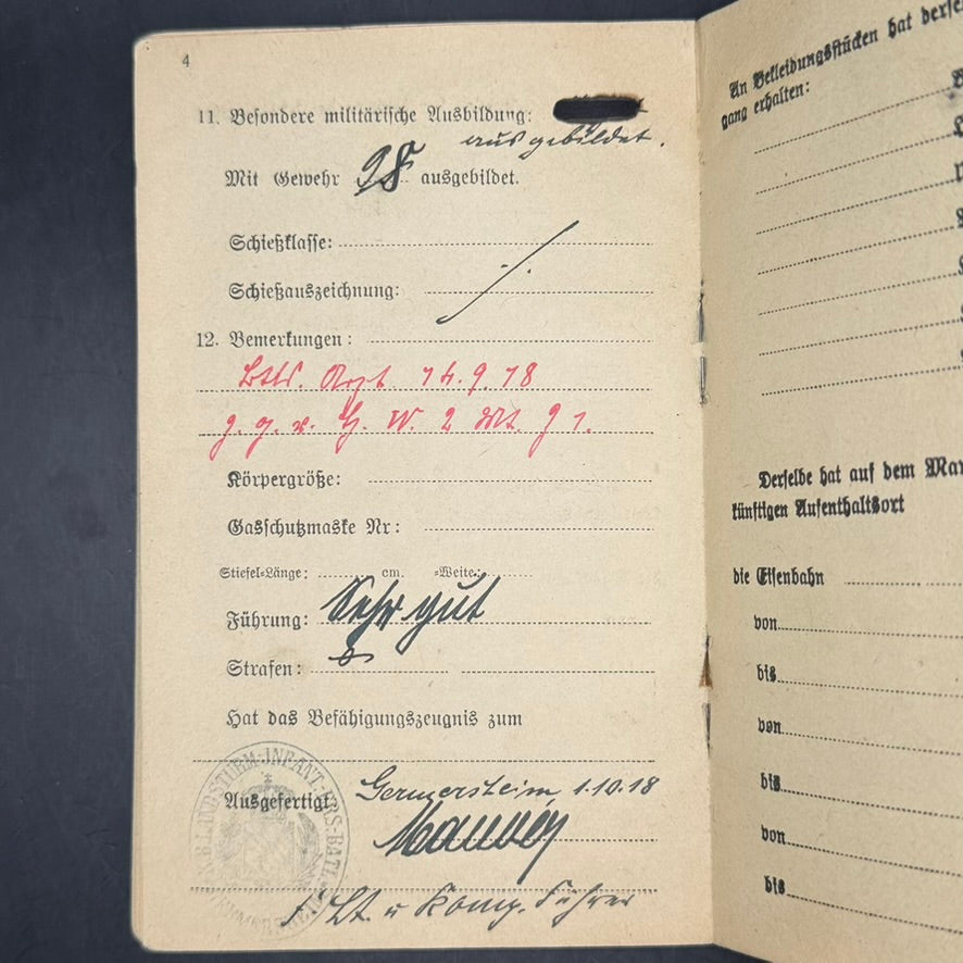 Inside pages of German Militär-Paß Friedrich Heck with WWI service information