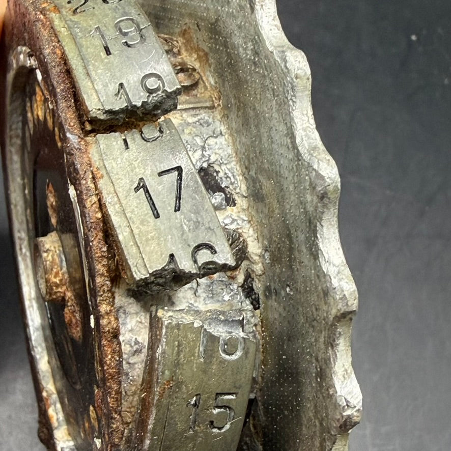 Detail of stamped markings on German Enigma machine rotor