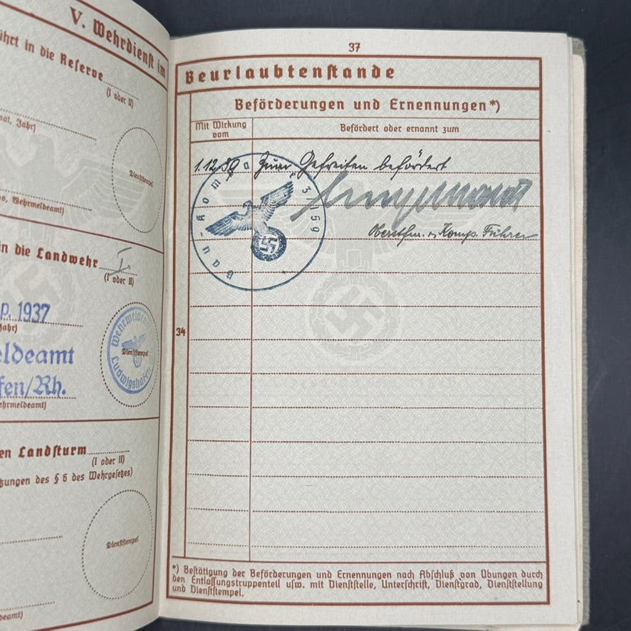 Wehrpass promotions and appointments page Friedrich Heck WWII