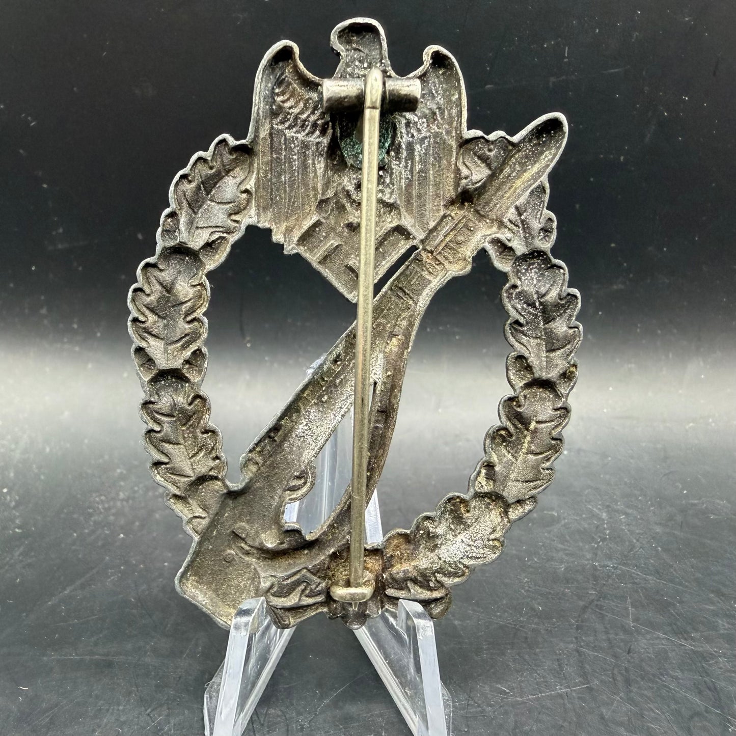 Reverse view of German Infantry Assault Badge showing functional pin assembly