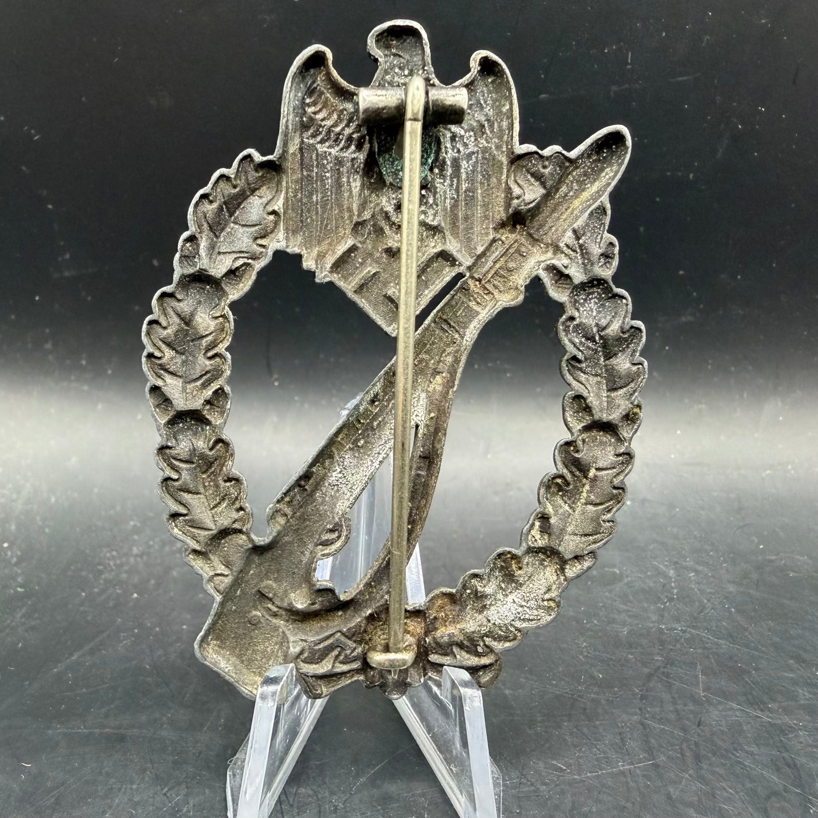 Reverse view of German Infantry Assault Badge showing functional pin assembly