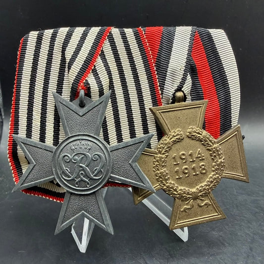 Front view of Imperial German WWI medal bar with War Merit Cross and Honour Cross on original ribbons