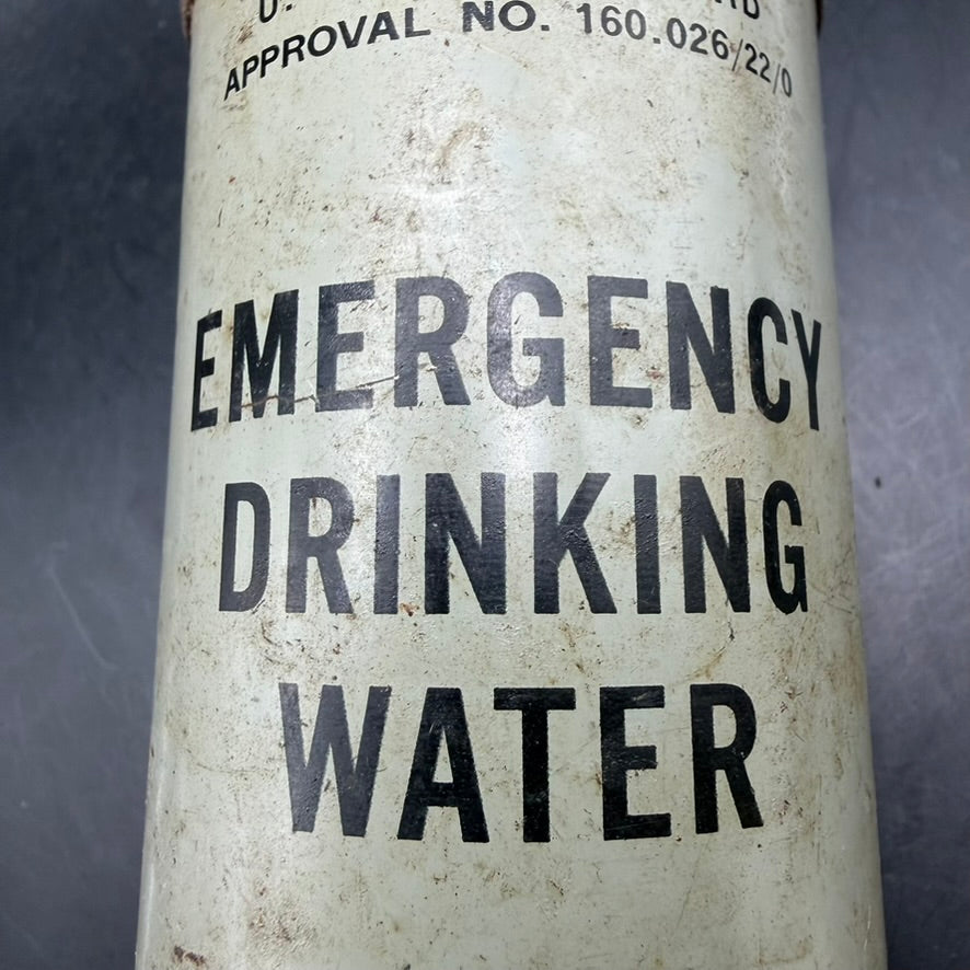 Close-up of Emergency Drinking Water text on WWII USCG can