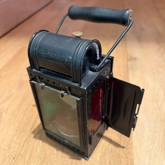 WWII German Reichsbahn Einheitslaterne signal lantern with open doors and original colored glass