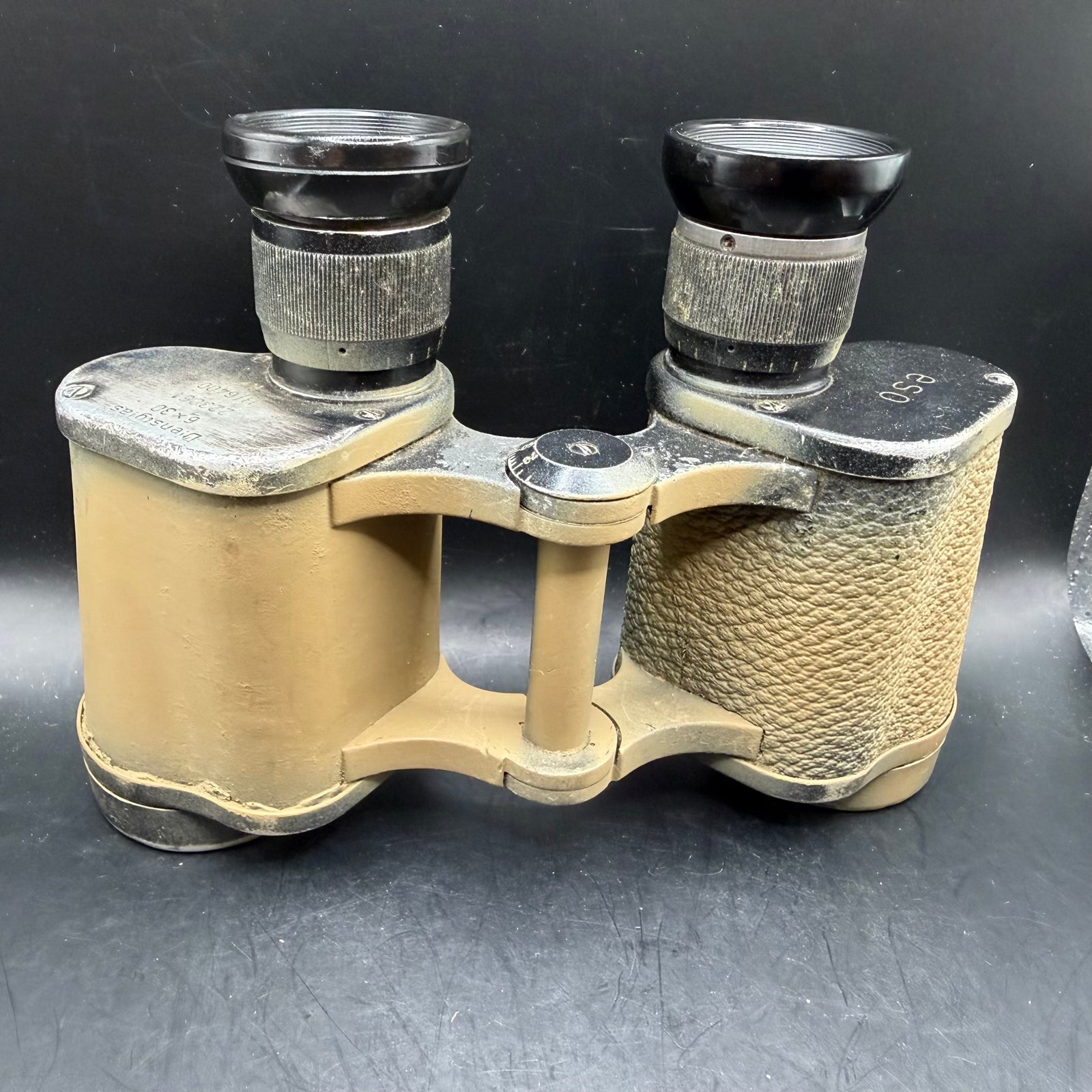 Original WWII German Dienstglas 6×30 binoculars by manufacturer code eso, front view showing original eyepieces and wartime construction.