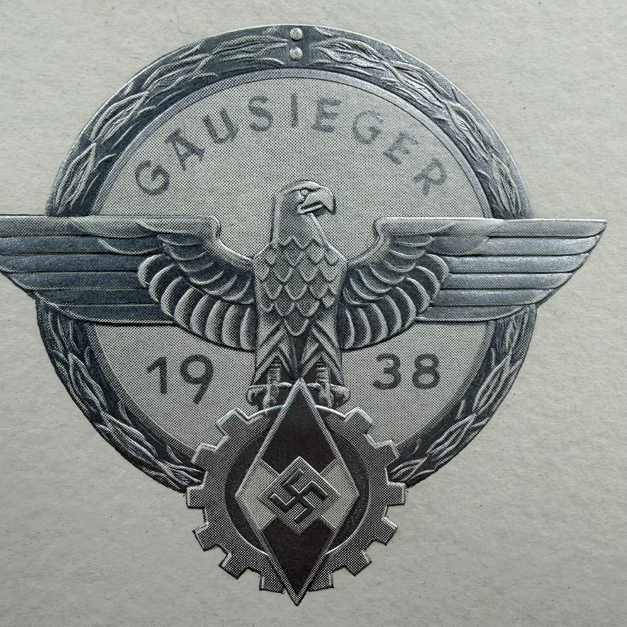 Close-up of German Gausieger award device dated 1938 with eagle and wreath design
