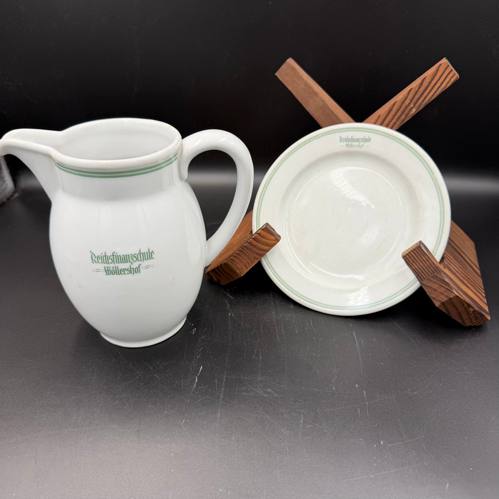 WW2 original artifact – Reichsfinanzschule Wöllershof Milk Jug & Saucer (Bauscher Weiden, “Modell des Amtes Schönheit der Arbeit”) – AxisArtifacts