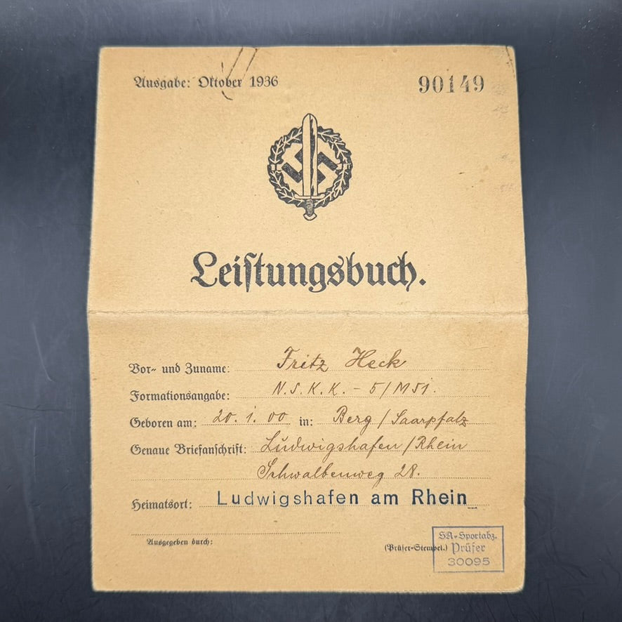 NSDAP SA Leistungsbuch issued October 1936 to Friedrich Heck Ludwigshafen