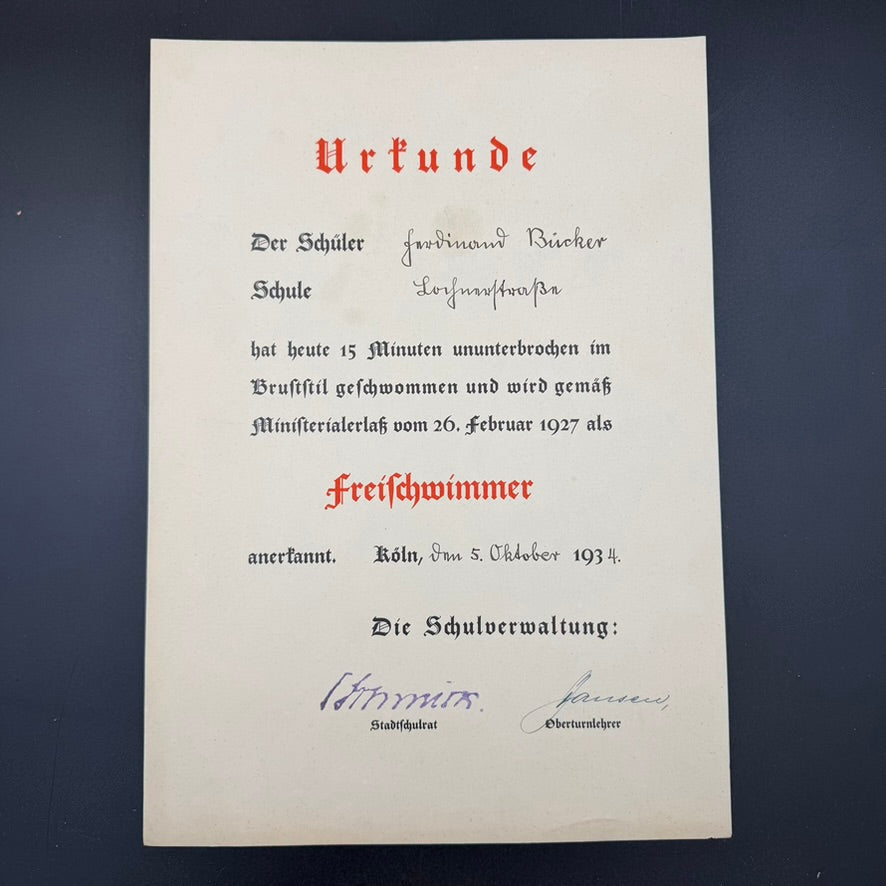 1934 swimming competition certificate from Kölner Schwimm-Verein Rhenus issued to Ferdinand Bücker