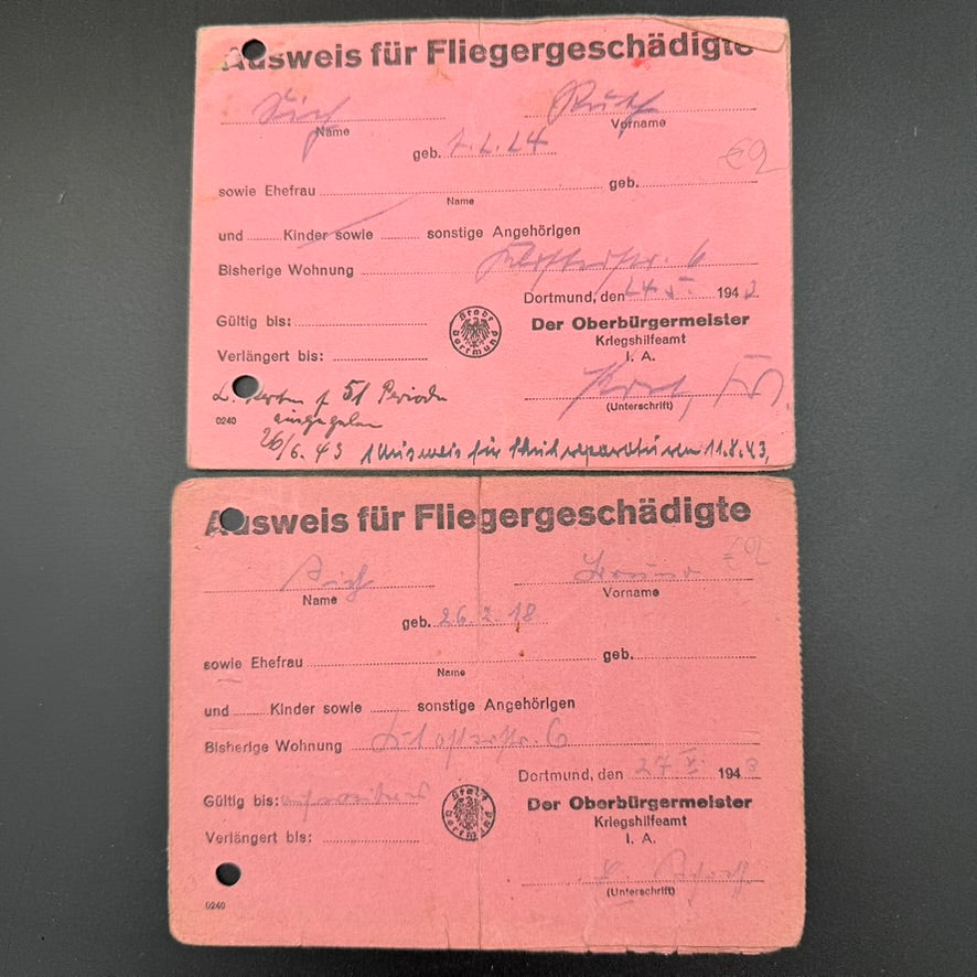 Ausweis für Fliegergeschädigte issued in Dortmund during WWII