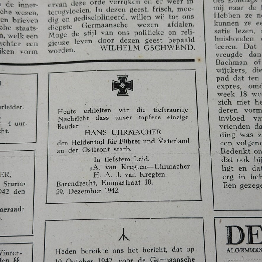 WW2 original artifact – Original STORM SS Newspaper – 5 January 1943 – Weekblad der Germaansche SS in Nederland – interior page