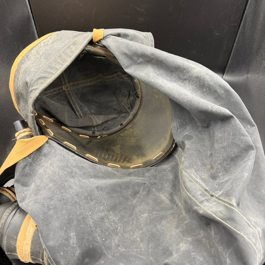 Interior view of British WWII Hospital Respirator hood showing visor attachment and original construction