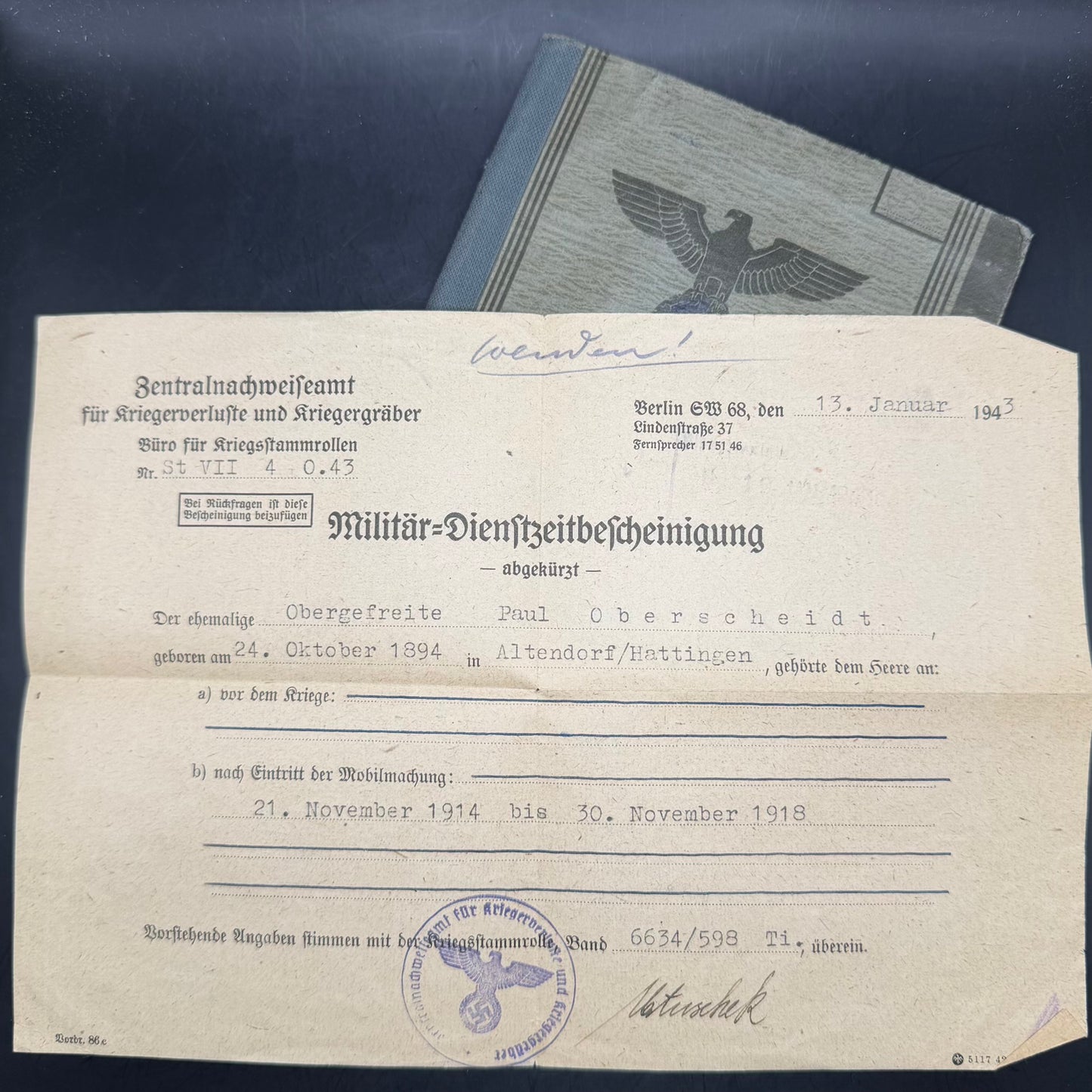 Military Service Certificate confirming WWI service (1914–1918)