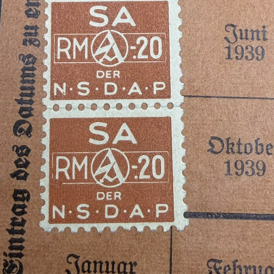Close-up of original SA RM 20 NSDAP contribution stamps dated 1939