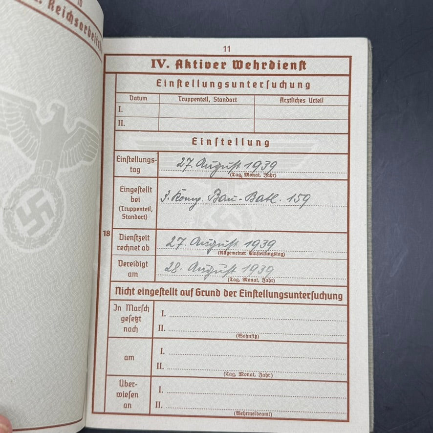 Wehrpass service entries Bau-Bataillon 159 Friedrich Heck WWII