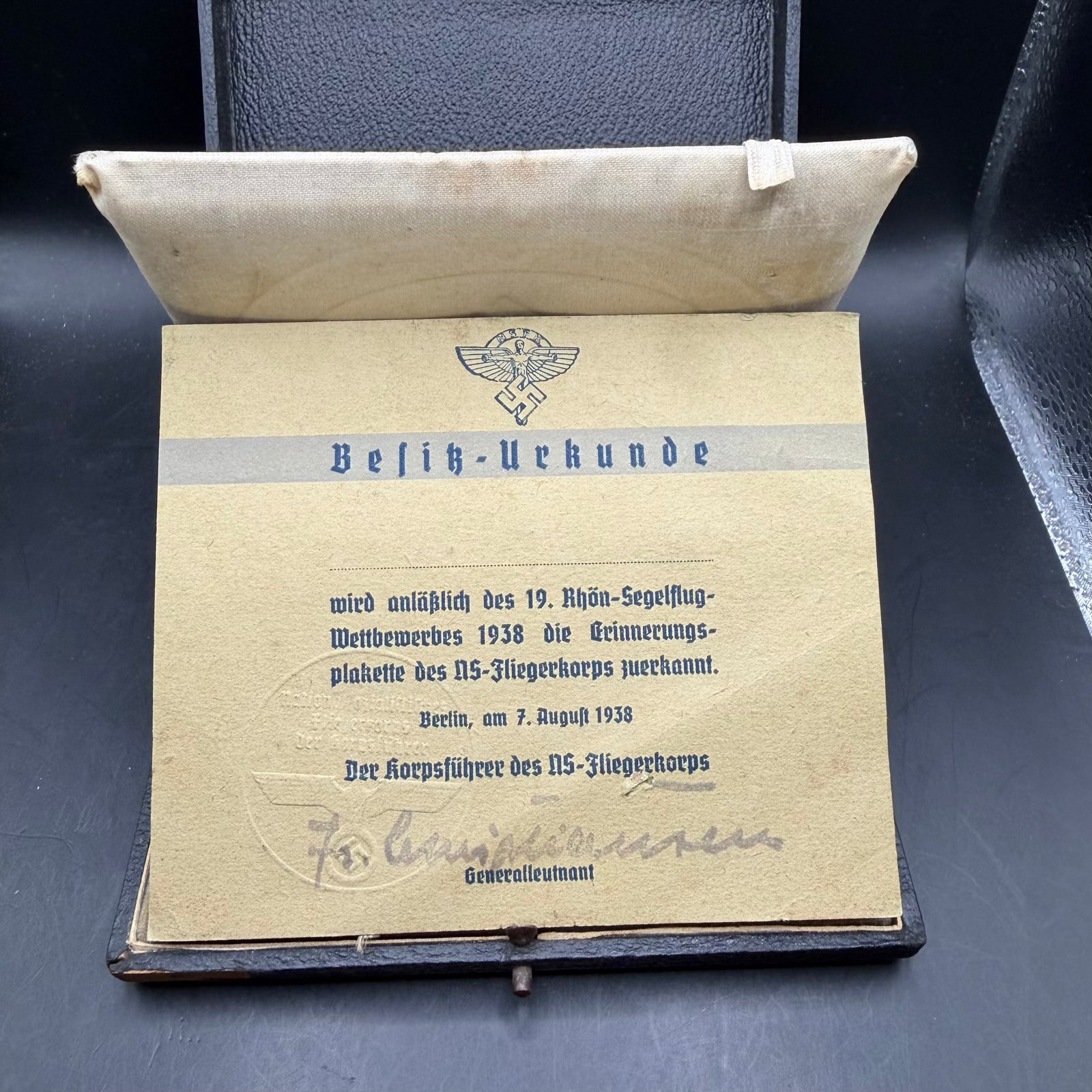 Original NSFK certificate of authenticity dated 7 August 1938 inside presentation case
