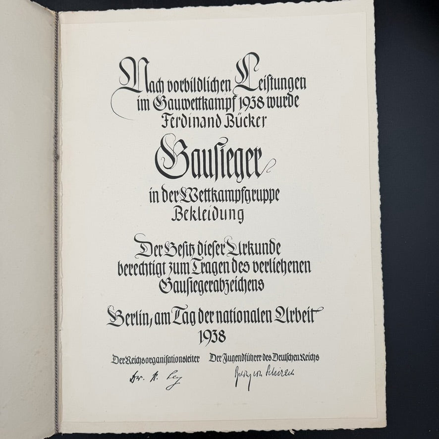 Official German Gausieger certificate issued in Berlin in 1938 to Ferdinand Bücker
