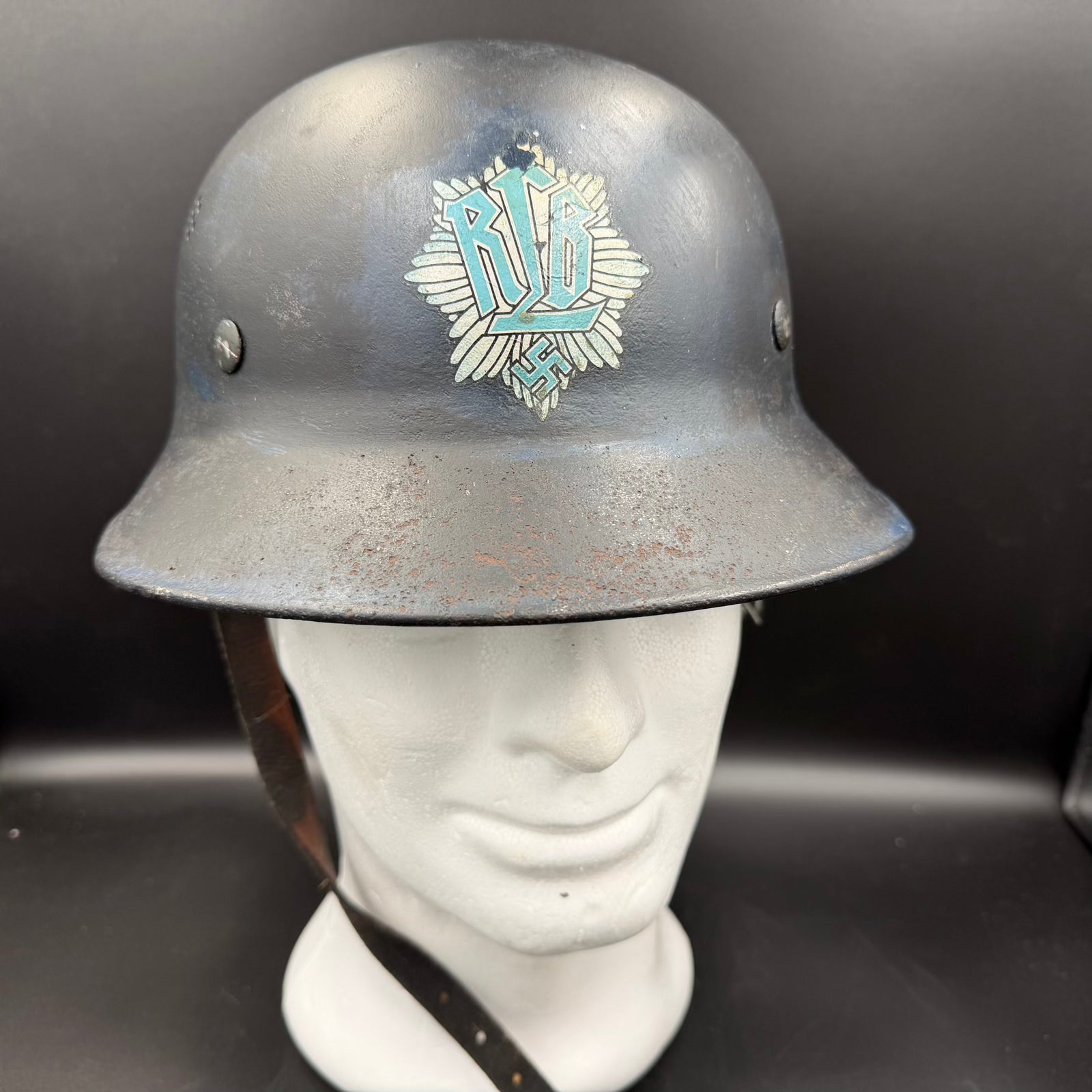 Front view of original WWII German Luftschutz Gladiator helmet with Luftschutz decal